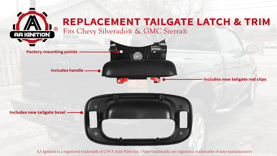 Tailgate Handle Latch and Bezel Trim with Rod Clips | for 1999-2007 Chevy  Silverado GMC Sierra 1500 2500 3500 | Replaces# 15997911, 15228539